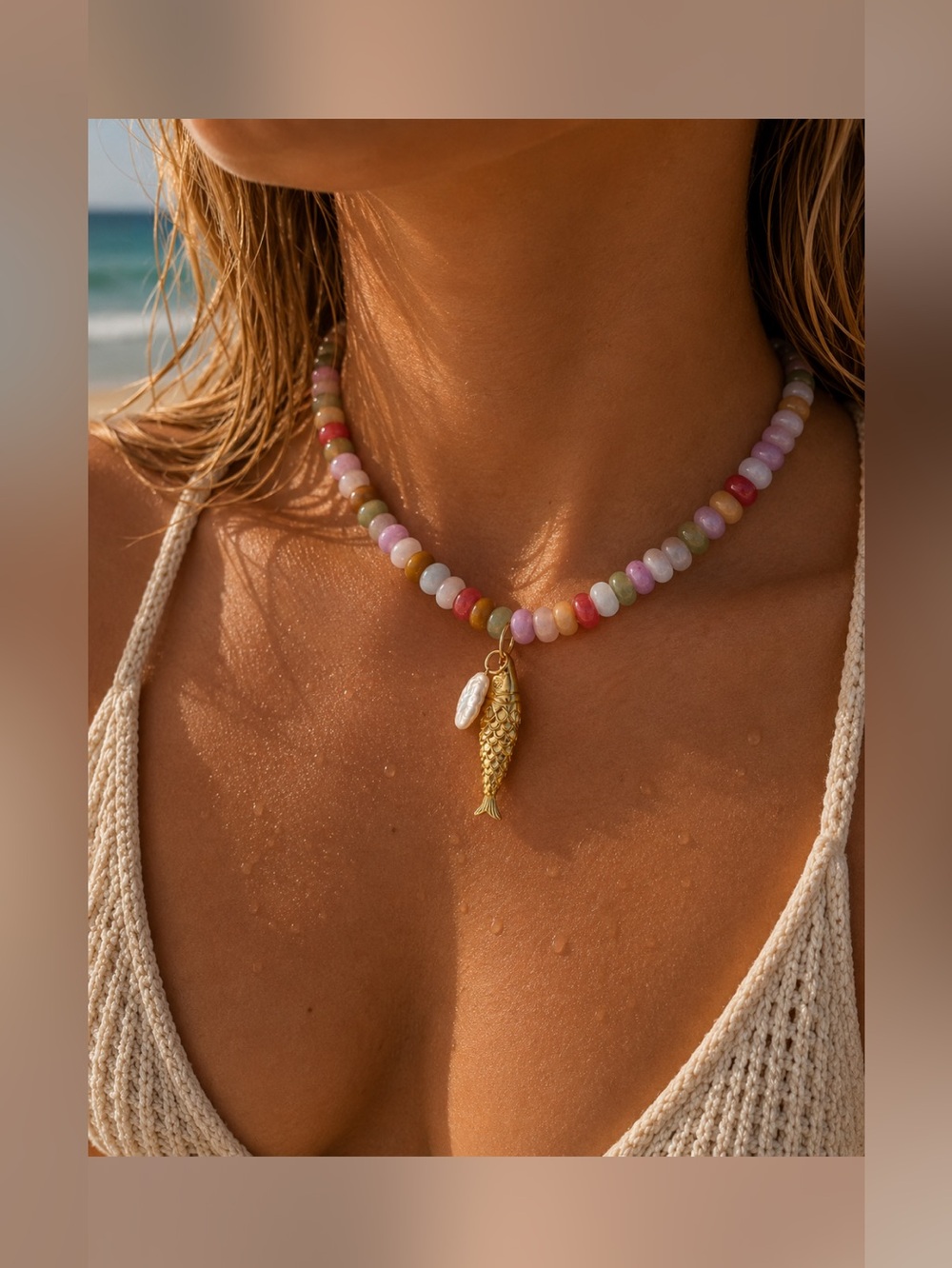 Multicolor Beaded Choker Necklace with Gold Fish Pendant